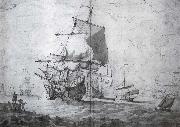 A two-decker man-o-war shortening sail seen from the port bow other craft lightly pencilled in the background